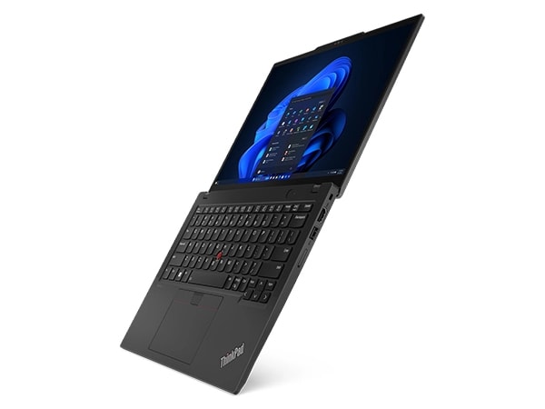 Lenovo ThinkPad X13 Gen 5 laptop, open 180 degrees, angled to show display & keyboard.