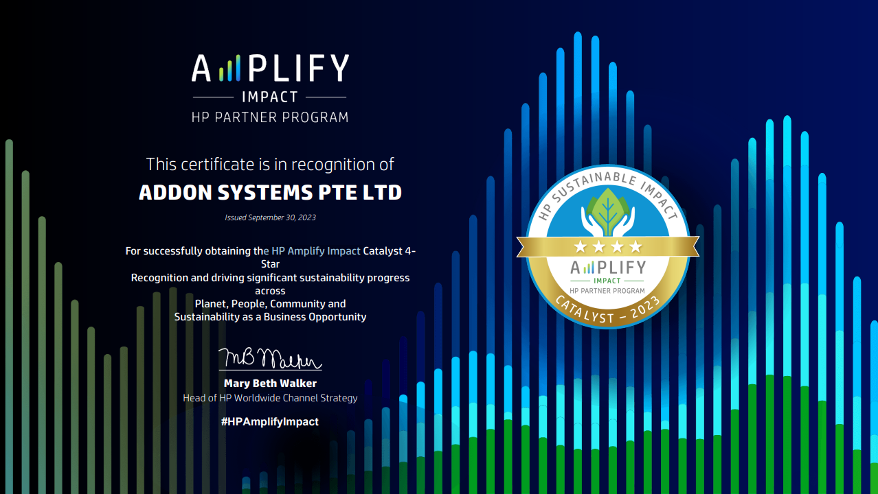 AddOn Systems PTE LTD Receives HP Amplify Impact Catalyst 4-Star Recognition: A Milestone in Sustainability - AddOn Systems Pte Ltd