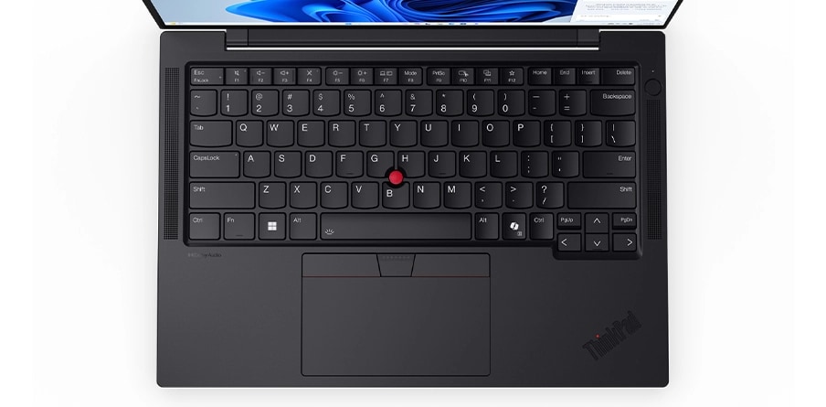 Close-up, overhead shot of the Lenovo ThinkPad T14s Gen5 (14&rdquo; Intel) laptop&rsquo;s keyboard in Eclipse Black, focusing its smooth keycaps, touchpad, & its ThinkPad logo.
