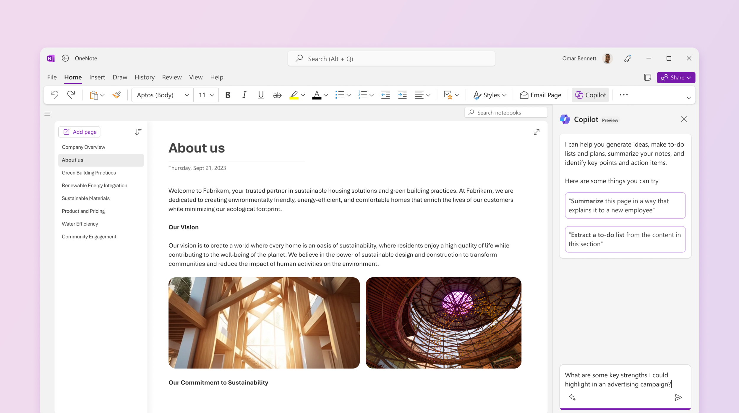 Screenshot shows Copilot in OneNote making suggestions to try.