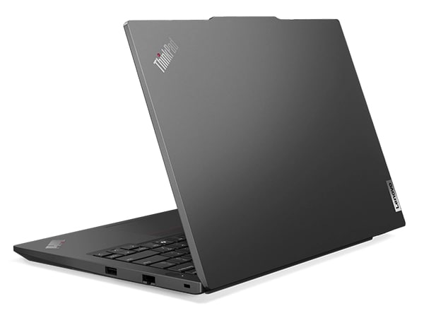 Rear side view of Lenovo ThinkPad E14 Gen 6 (14&rdquo; Intel) laptop, opened slightly, showing top cover and part of keyboard.