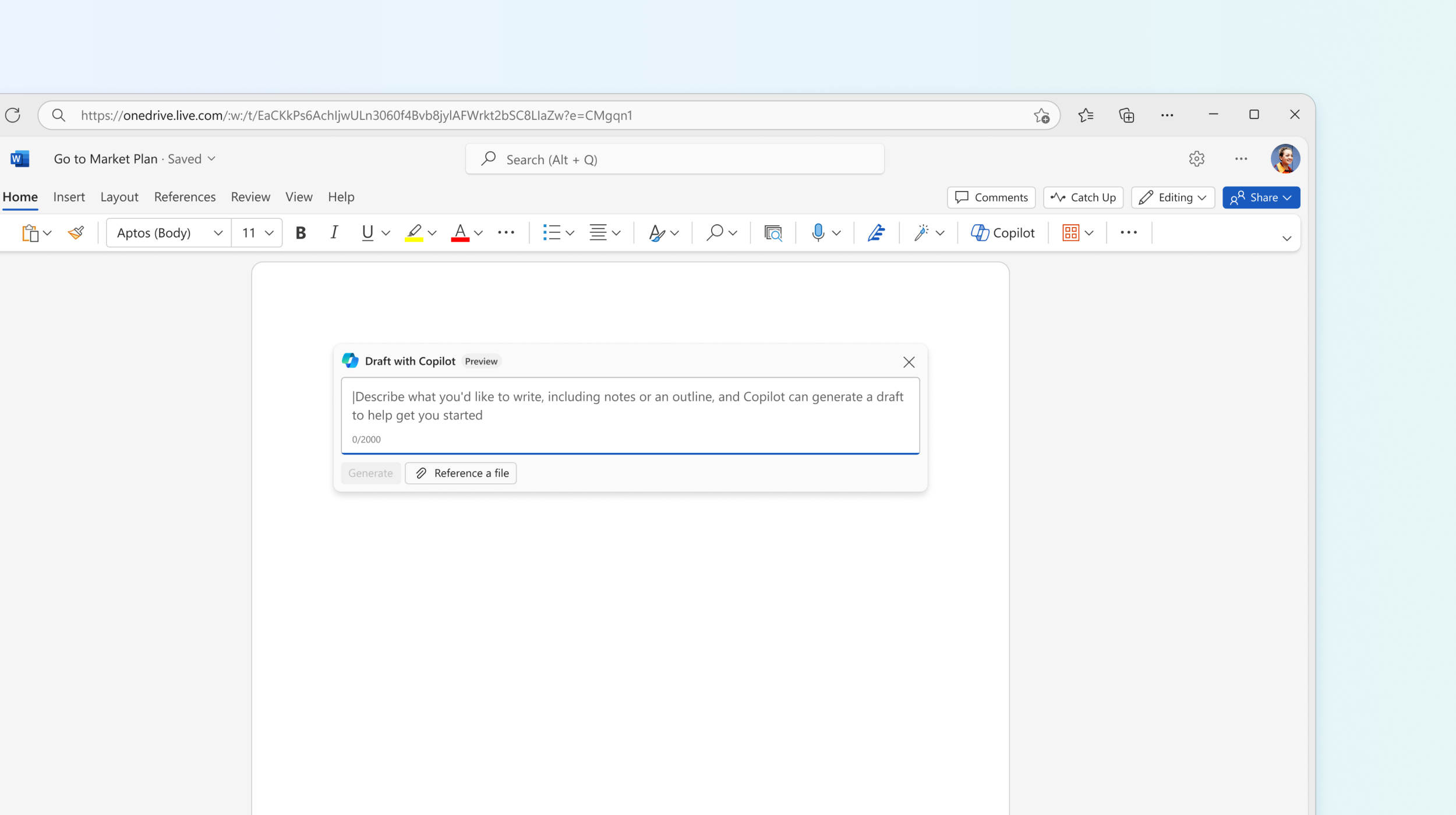 Screenshot shows Draft with Copilot in Word.