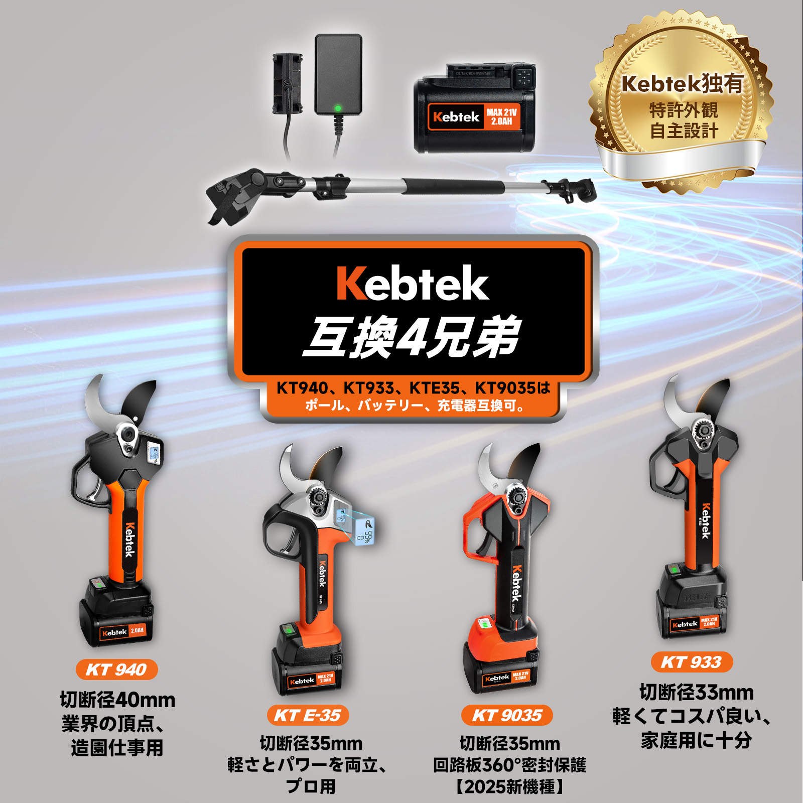 【JA東京剪定工具】Kebtek 充電式剪定バサミ40mm 21V 品番KT-940