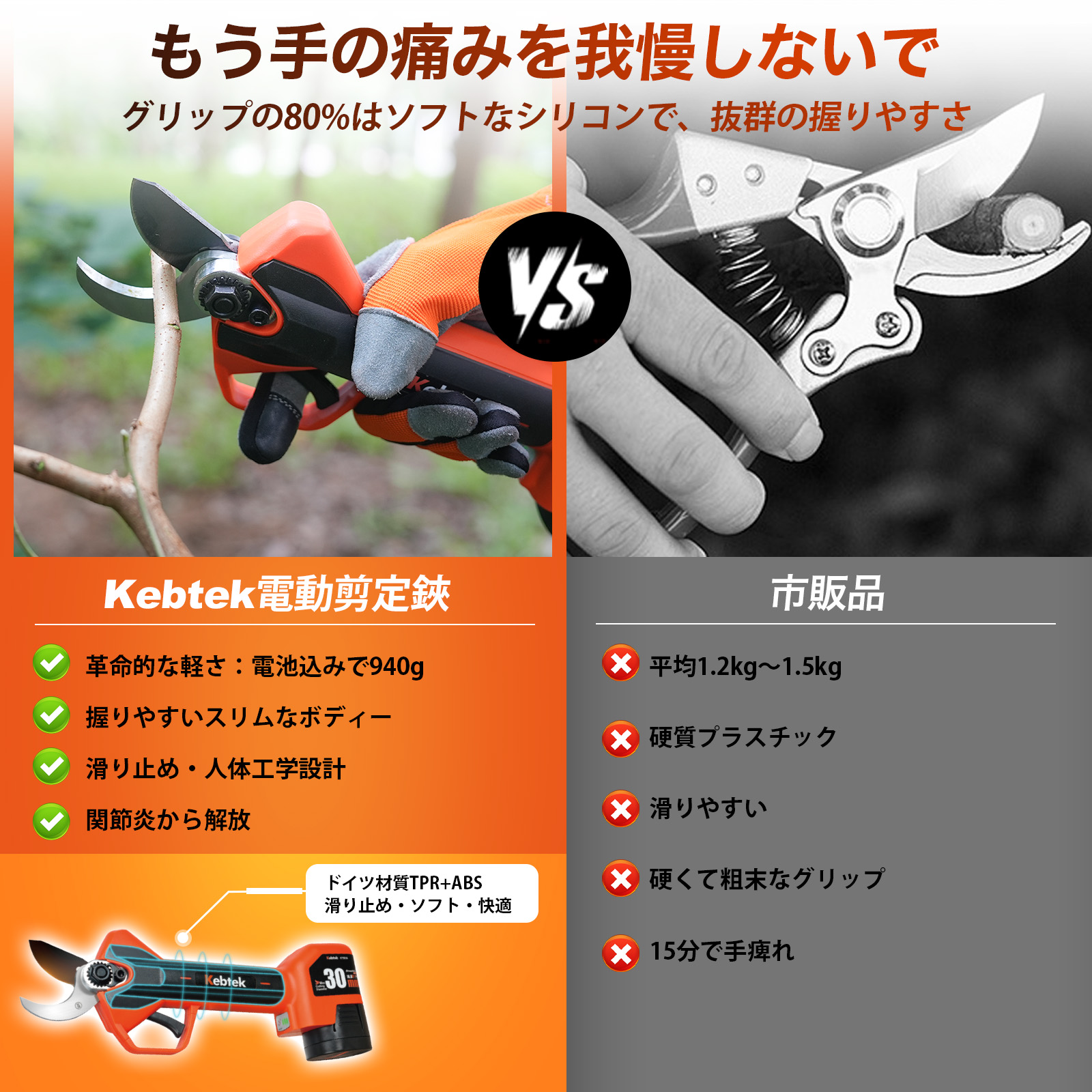 2025年新型【軽さとパワーを両立・プログレッシブ機能】切断径30mm Kebtek 電動剪定バサミ 品番KT 9030