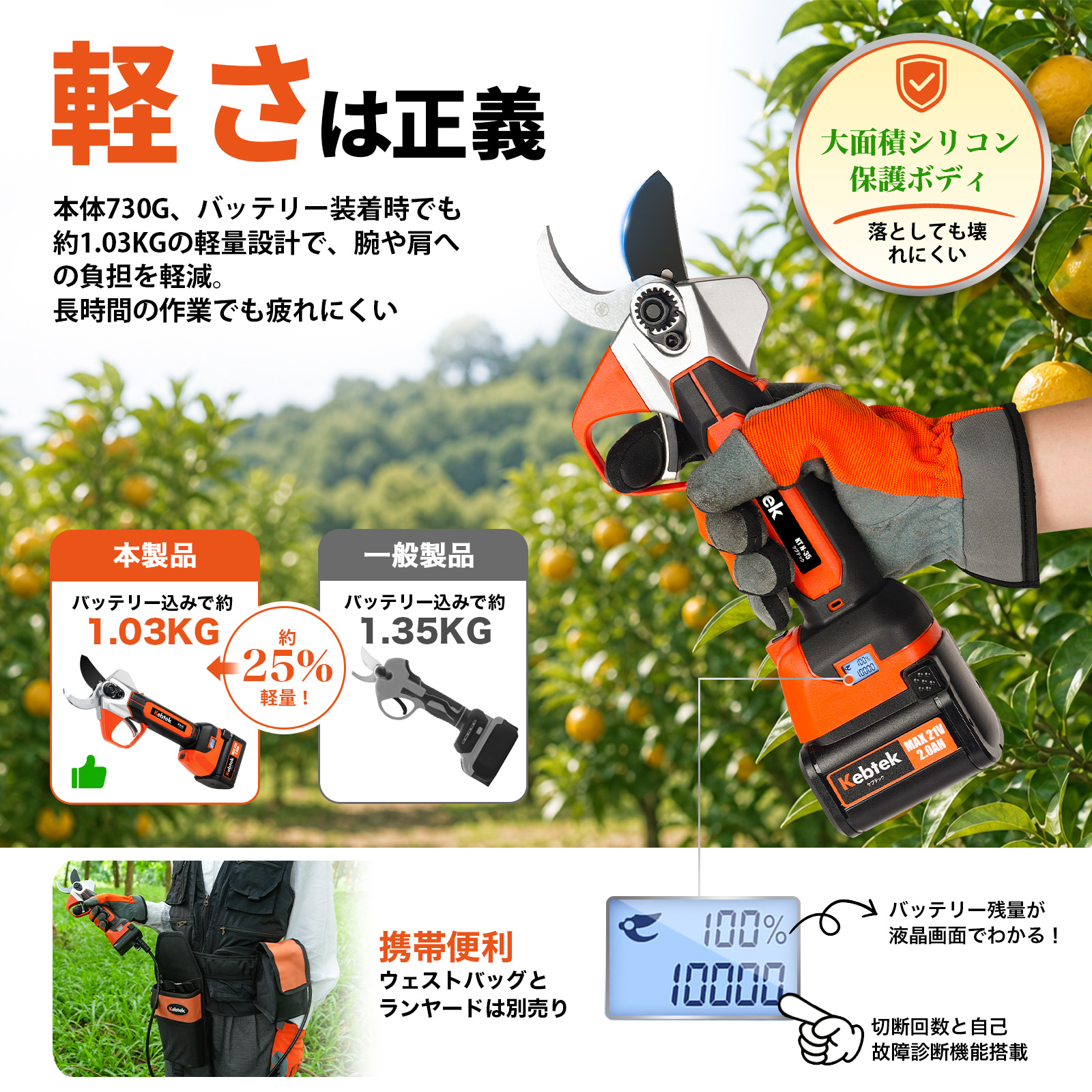 【2026年新型・低騒音設計】電動剪定バサミ 切断径35mm 液晶表示画面・プログレッシブ機能・回路板高密封TPE設計 品番KT N-35