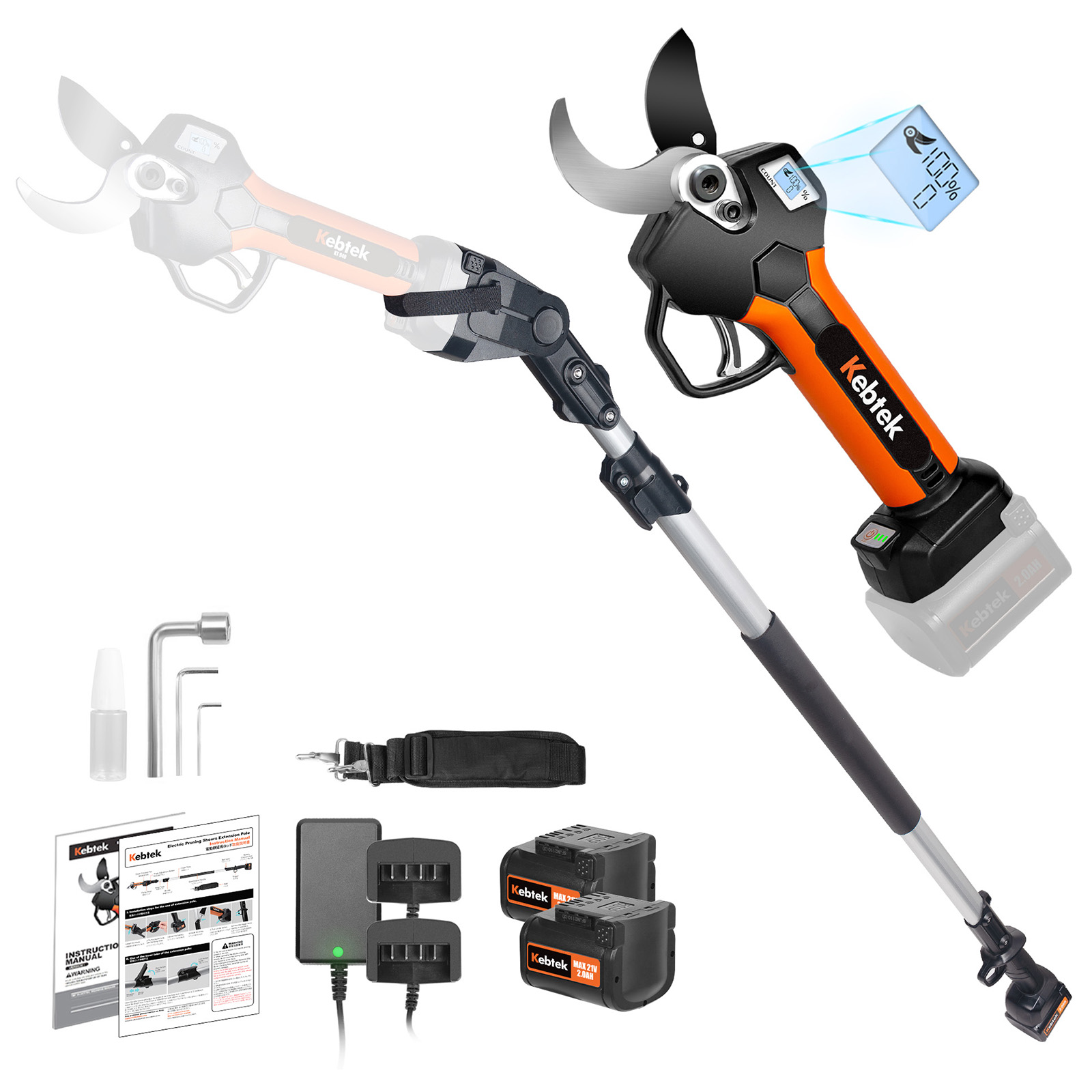 Kebtek 高枝切り電動剪定鋏 21V コードレス 切断径40mm 延長ポール付き 品番KT940-SET