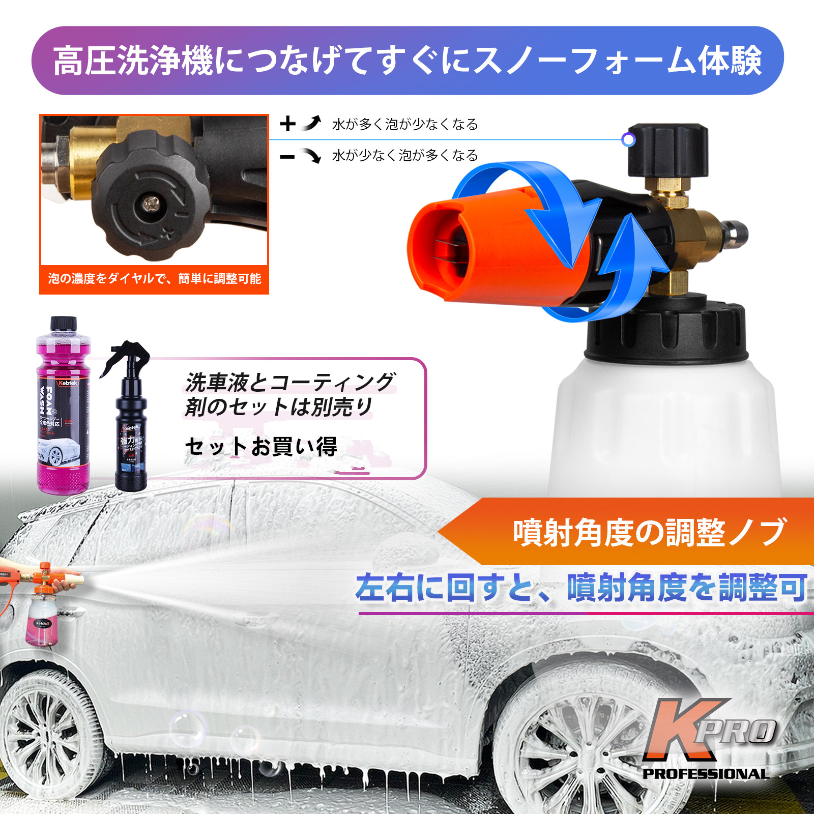 Kebtek 高圧洗浄ショートガン 6in1洗車 ケルヒャー（Karcher）Kシリーズ対応 【2025カーシャンプーとコーティング剤別売り】 