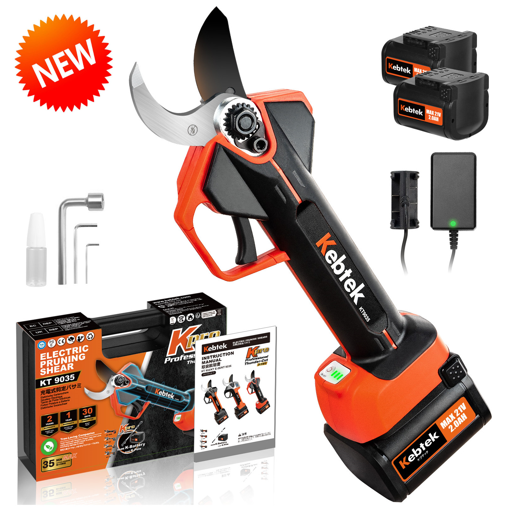 2025年新型【プログレッシブ機能・回路板完全密封TPE設計】Kebtek 充電式剪定鋏35mm 21V 品番KT9035