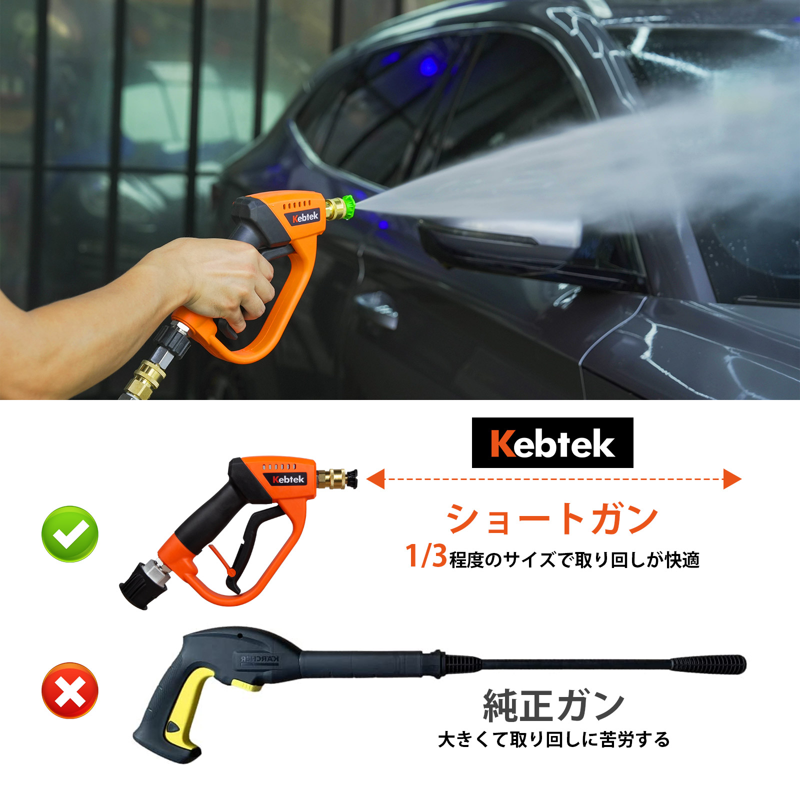 Kebtek 高圧洗浄ショートガン 6in1洗車 ケルヒャー（Karcher）Kシリーズ対応 (6段階マルチスプレー＋1Lフォームキャノン付