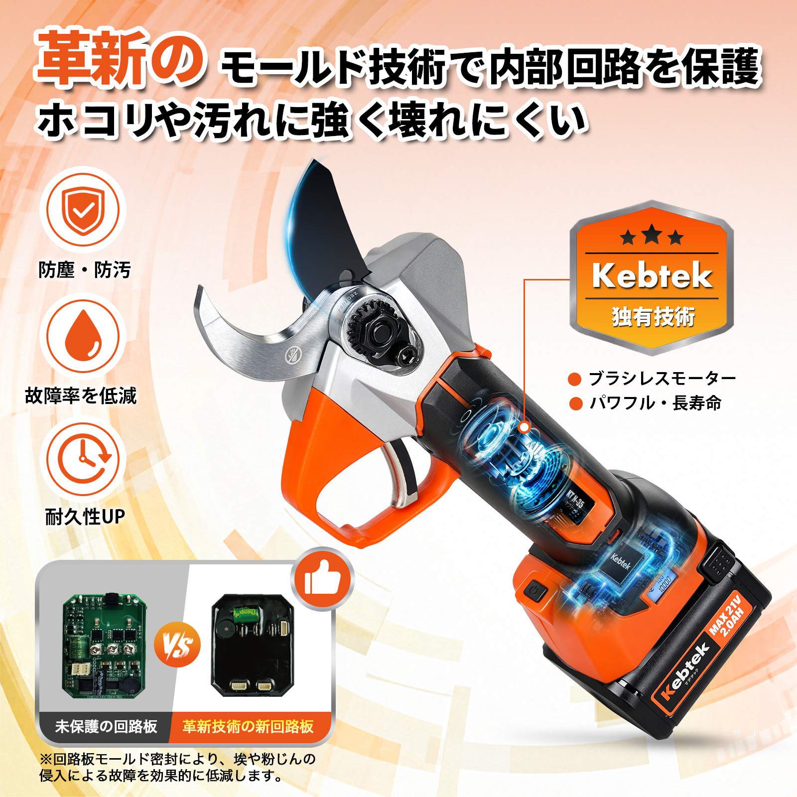 【2026年新型・低騒音設計】電動剪定バサミ 切断径35mm 液晶表示画面・プログレッシブ機能・回路板高密封TPE設計 品番KT N-35