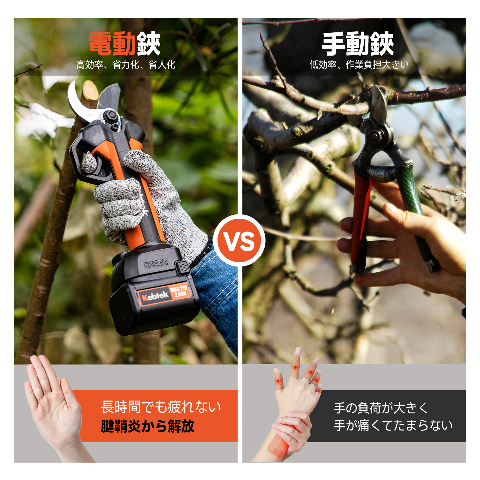 フッ素刃を新採用】Kebtek電動剪定バサミ 切断径25mm 品番YDN-B007-NEW