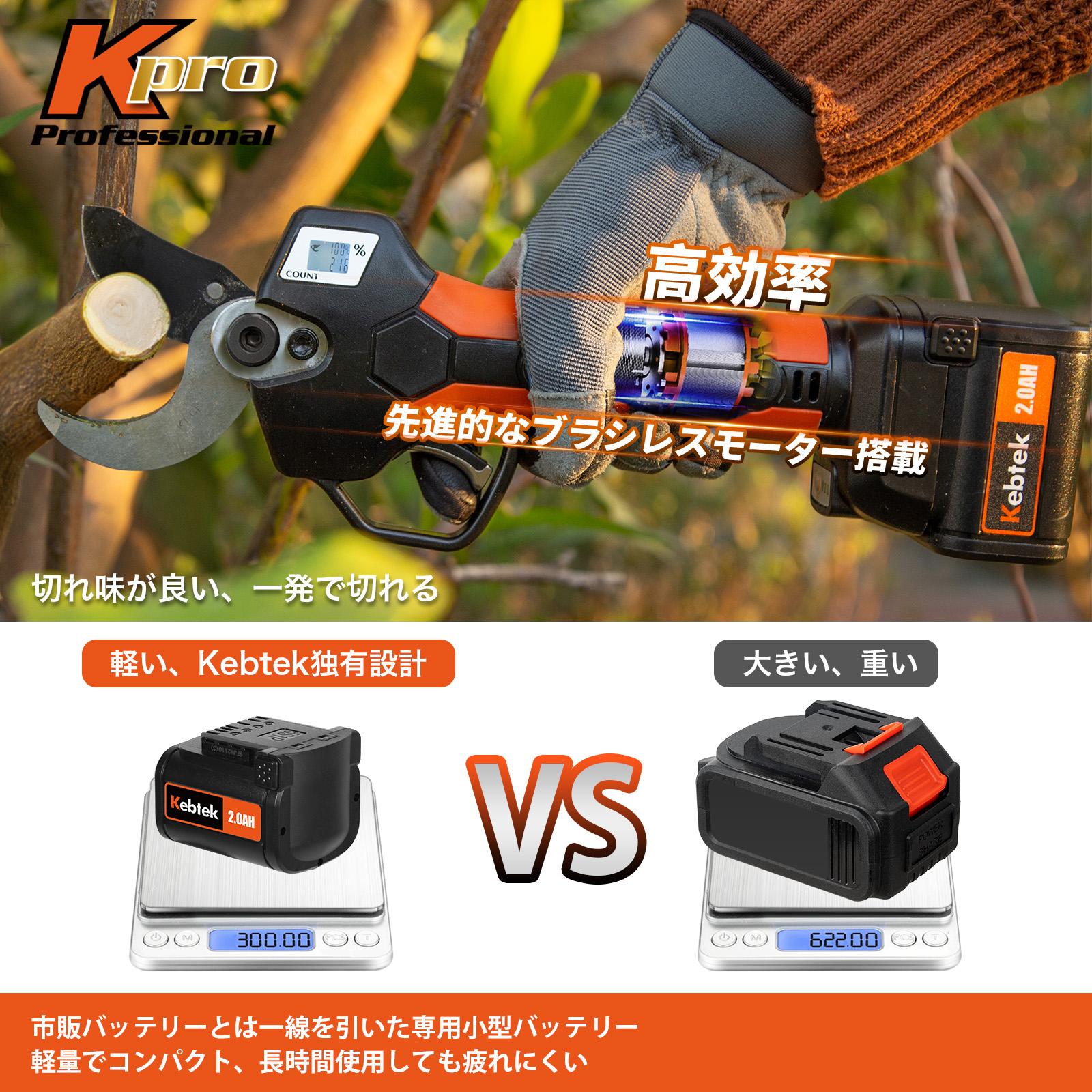 Kebtek 高枝切り電動剪定鋏 21V コードレス 切断径40mm 延長ポール付き 品番KT940-SET