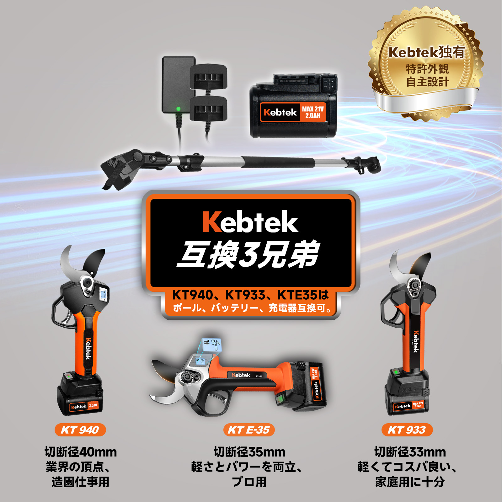 Kebtek 高枝切り電動剪定鋏 21V コードレス 切断径40mm 延長ポール付き 品番KT940-SET
