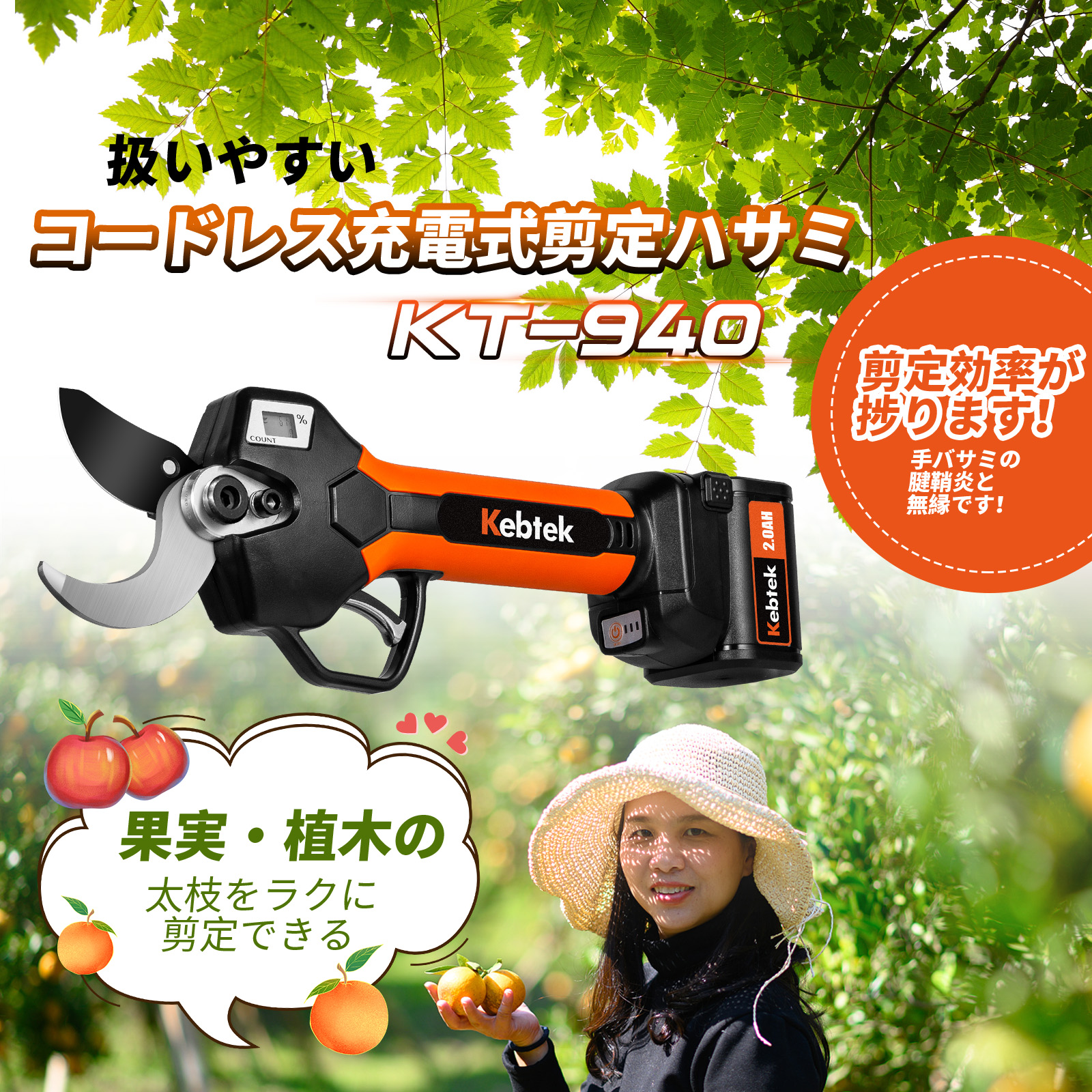 Kebtek 高枝切り電動剪定鋏 21V コードレス 切断径40mm 延長ポール付き 品番KT940-SET