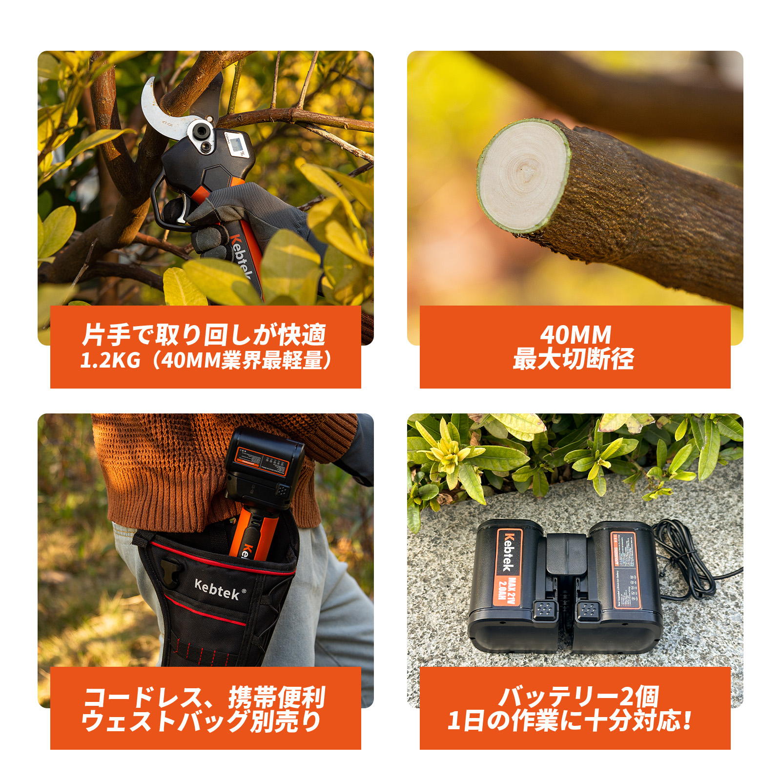 Kebtek 高枝切り電動剪定鋏 21V コードレス 切断径40mm 延長ポール付き 品番KT940-SET