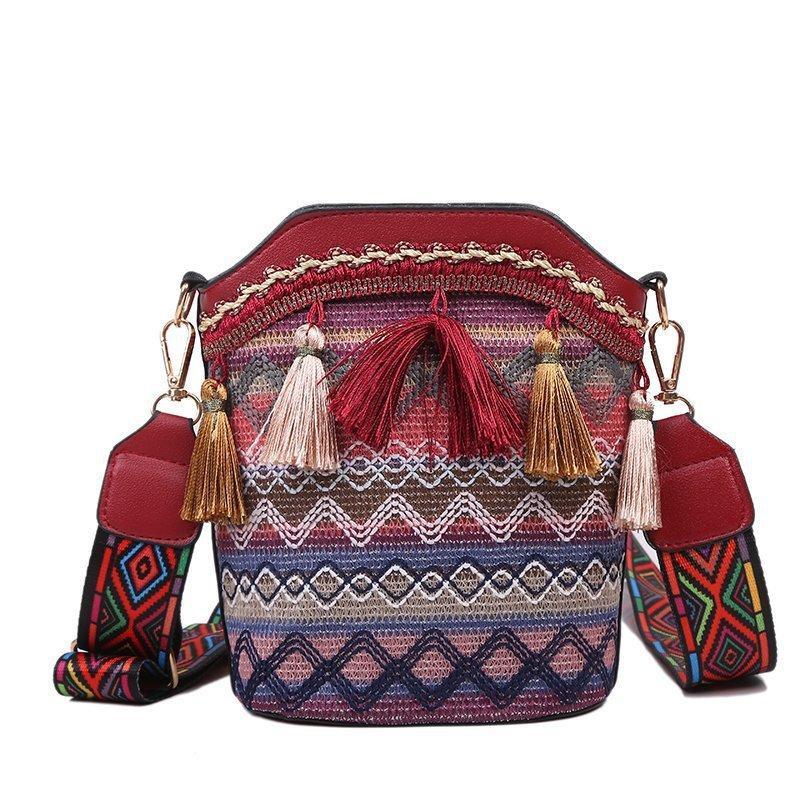 Ladies ethnic style personality one-shoulder messenger bag tassel bucket bag - dianpubaba