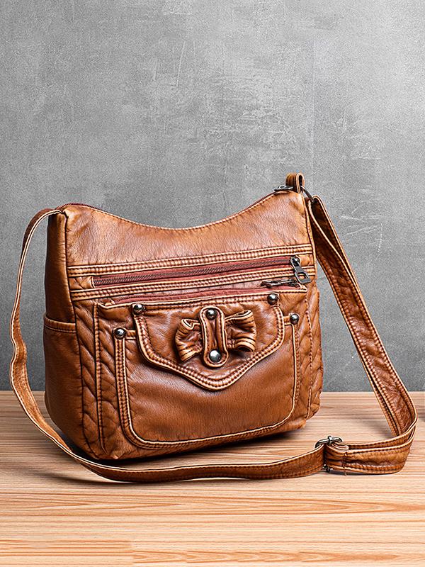 Vintage Studded Washed Leather Baggy Bag - dianpubaba