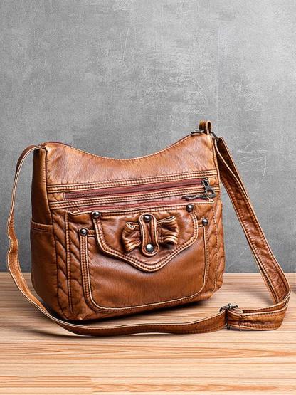 Vintage Studded Washed Leather Baggy Bag - dianpubaba