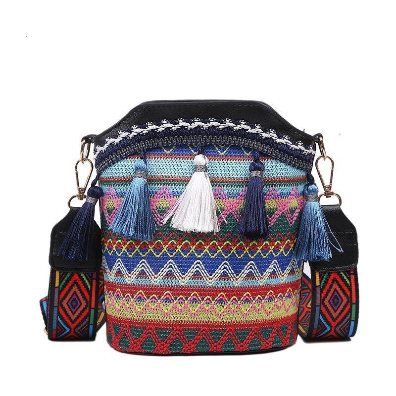 Ladies ethnic style personality one-shoulder messenger bag tassel bucket bag - dianpubaba