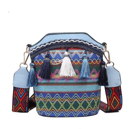 Ladies ethnic style personality one-shoulder messenger bag tassel bucket bag - dianpubaba