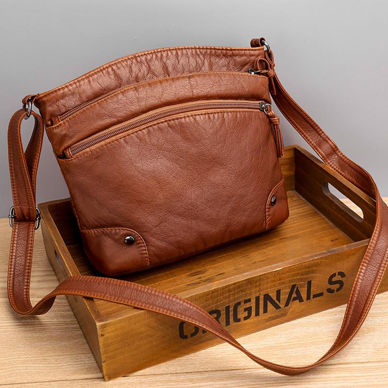 Casual soft leather solid color large capacity shoulder bag - dianpubaba