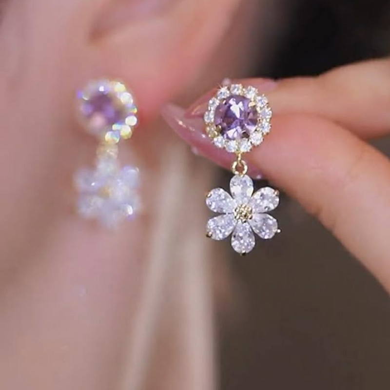 S925銀鑲鑽紫色花朵耳環