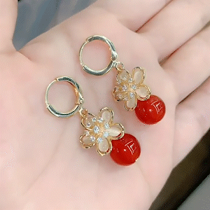相思豆紅瑪瑙花朵耳環