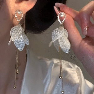 長款葉子珍珠流蘇耳環