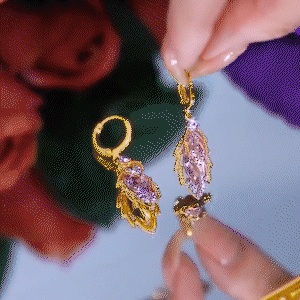 紫色雙層鋯石樹葉耳環