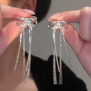 新款鋯石蝴蝶結流蘇耳環