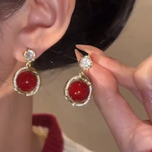 法式復古紅色珍珠耳環