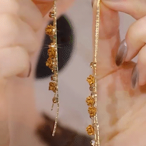 長款茶色玫瑰花流蘇耳環