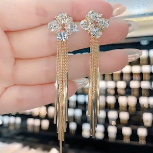 閃鑽四葉草金色流蘇耳環