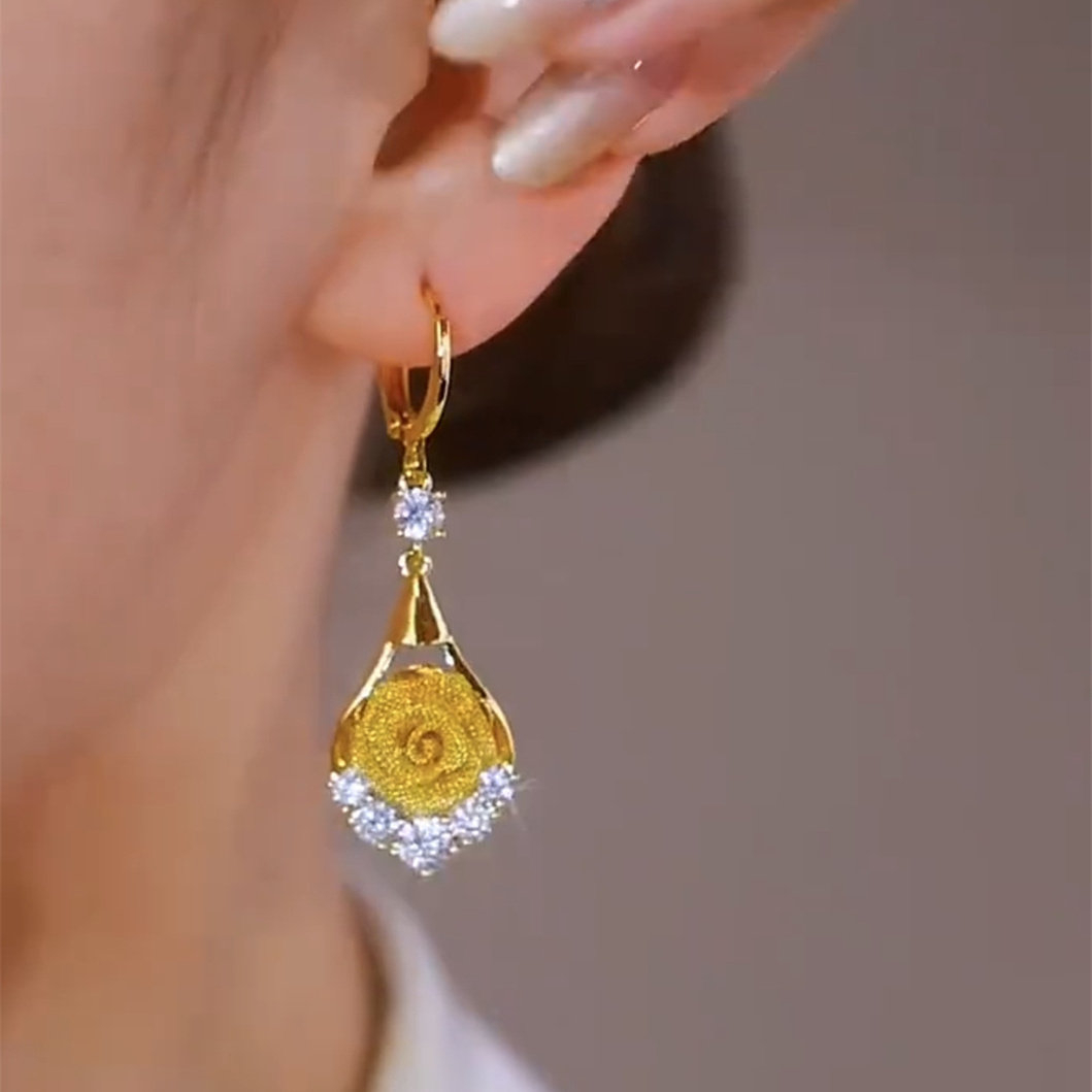 金色鑲鑽網紗玫瑰花耳環