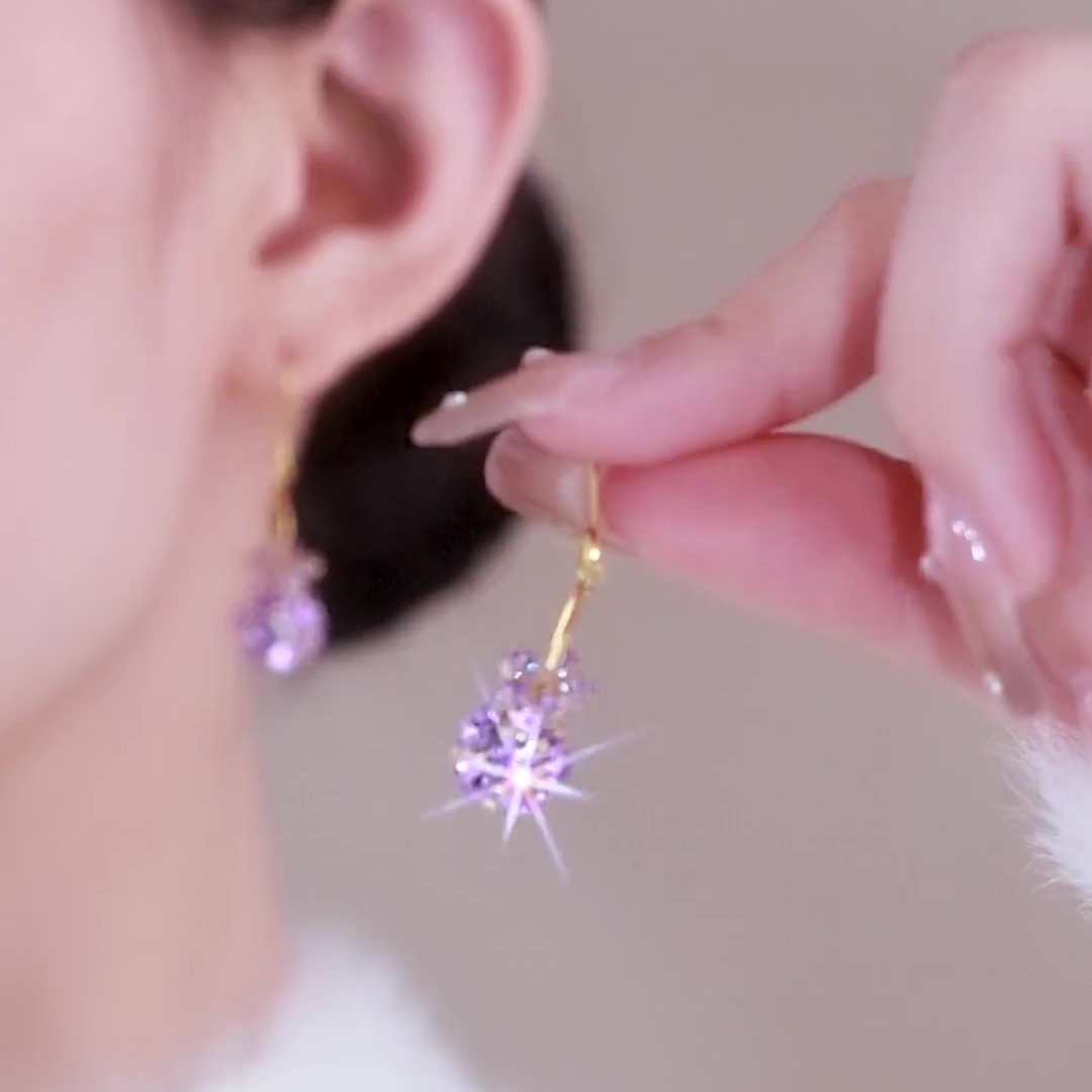新款紫色鋯石花朵耳環