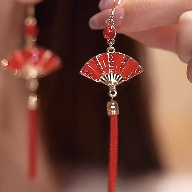 新年紅色扇形流蘇耳環