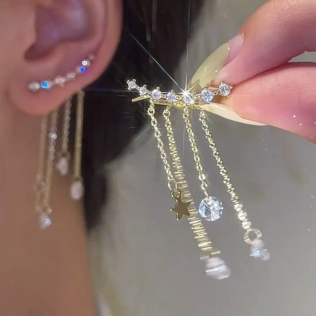星星月亮後掛流蘇耳環