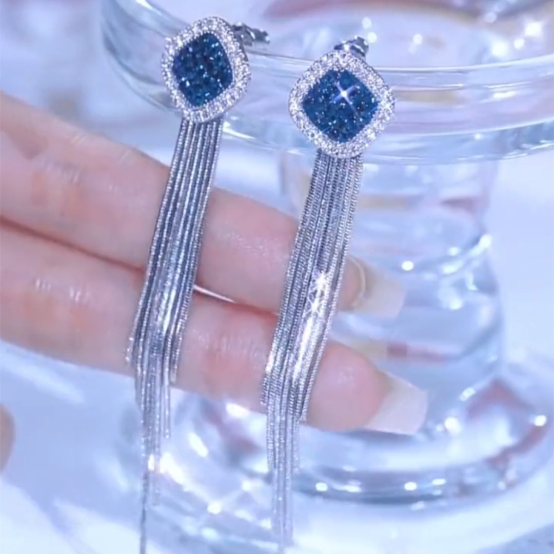 藍鑽銀色長流蘇耳環