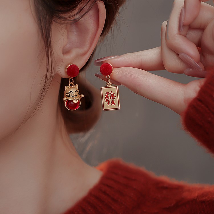紅色發財貓耳環