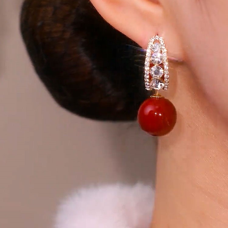 鋯石紅色珍珠氣質 一款兩戴耳環