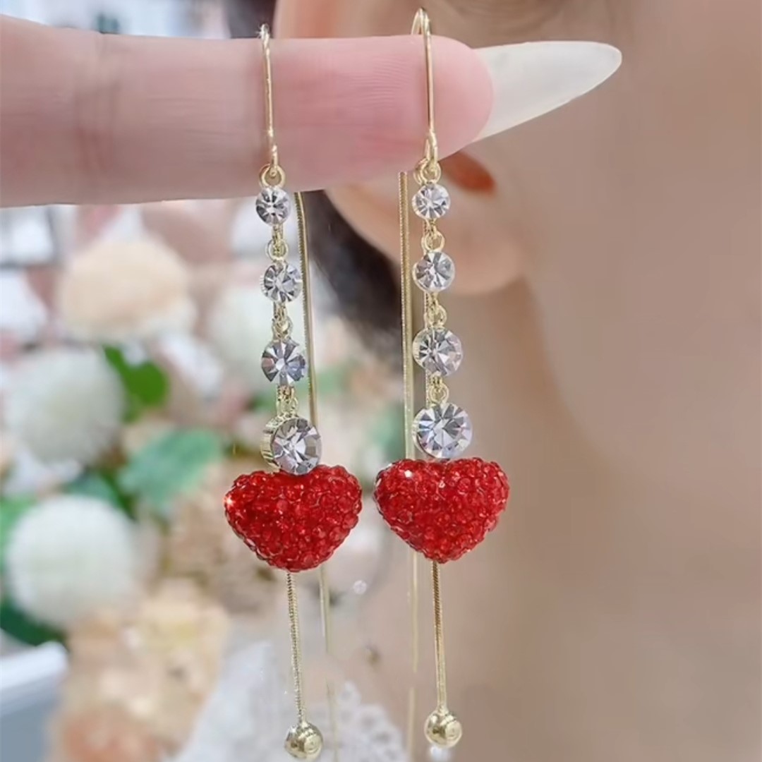 滿鑽紅色愛心流蘇耳線