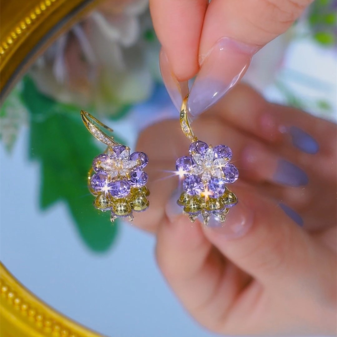 紫色鋯石設計感小花耳環