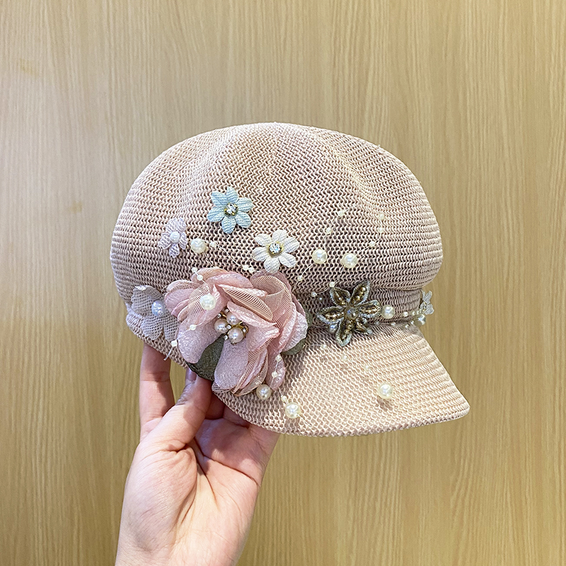 韓版珍珠花朵貝雷帽    