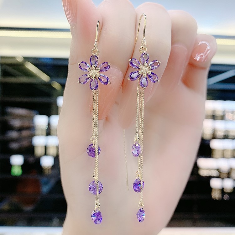 紫色水晶花朵耳線耳環