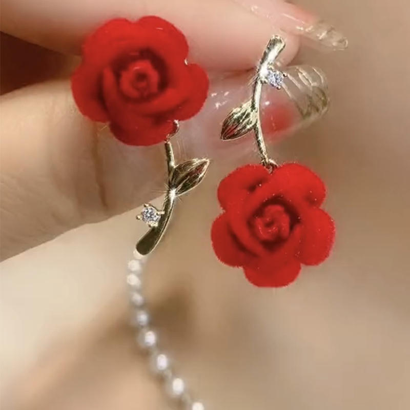 浪漫紅色玫瑰花耳環   