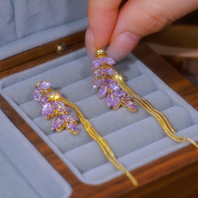 紫色麥穗長款流蘇耳環