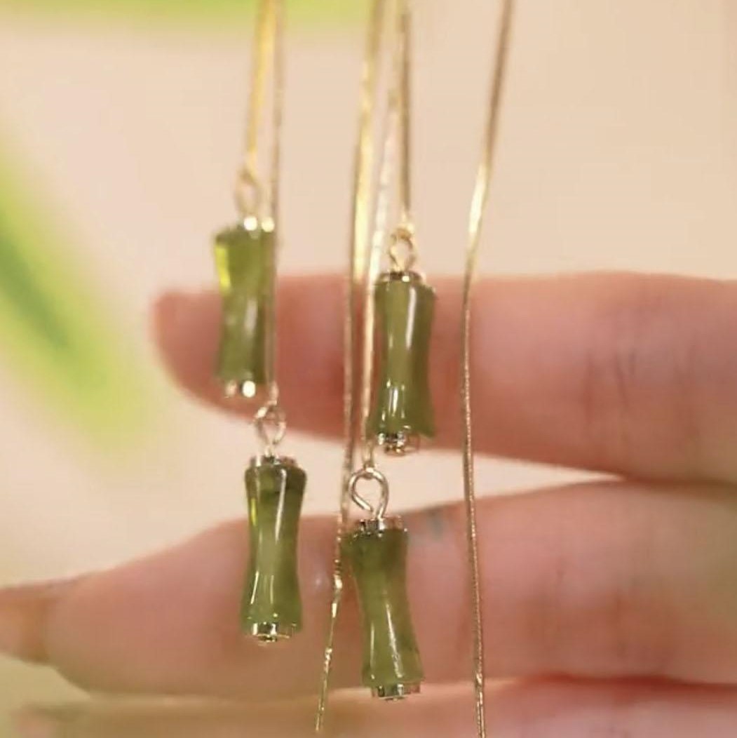 橄欖綠富貴竹節流蘇耳環
