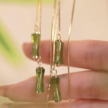 橄欖綠富貴竹節流蘇耳環