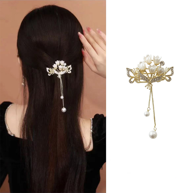 鬱金香珍珠流蘇髮夾