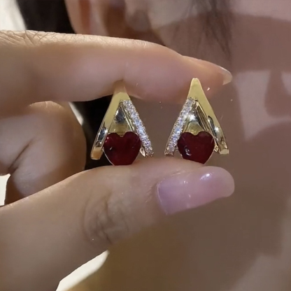 紅色愛心鋯石耳環
